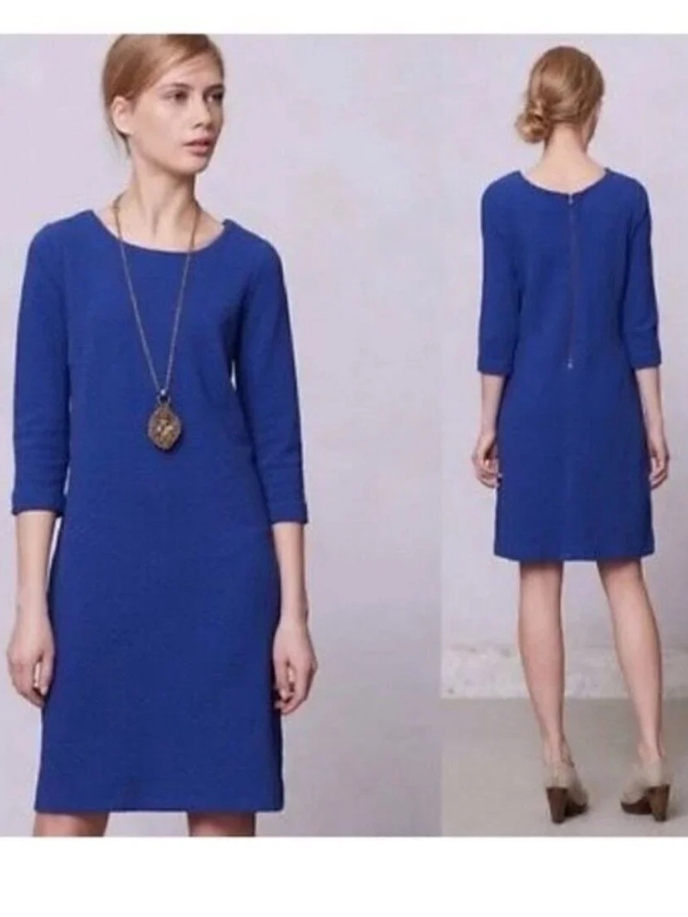 GANNI Lousa Textured Jacquard Knit 3/4 Sleeves Shift Mini Dress Cobalt Blue S